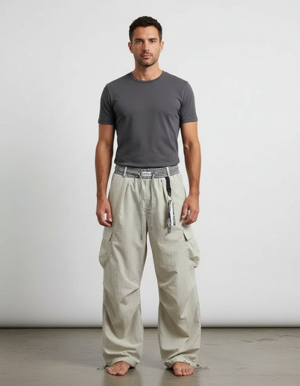 Pantalon Parachute Beige Ample Cargo Cordon Léger - Polyester