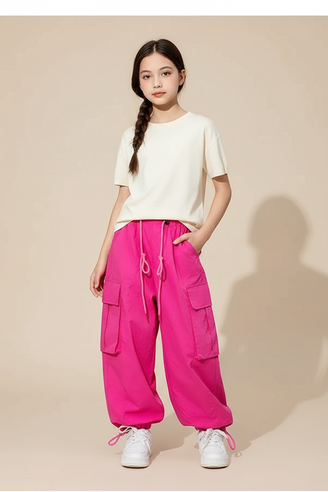 Pantalon Parachute Rose Vif Ample Cargo Fille - Polyester