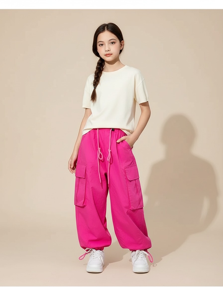 Pantalon Parachute Rose Vif Ample Cargo Fille - Polyester