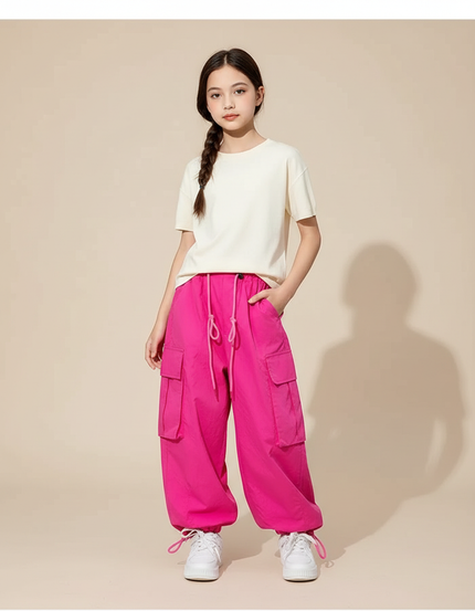 Pantalon Parachute Rose Vif Ample Cargo Fille - Polyester