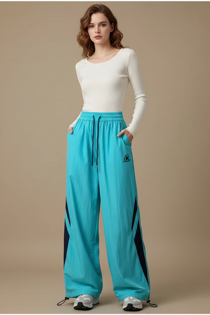 Pantalon Parachute Bleu Ample Décontracté Femme Sport - Polyester