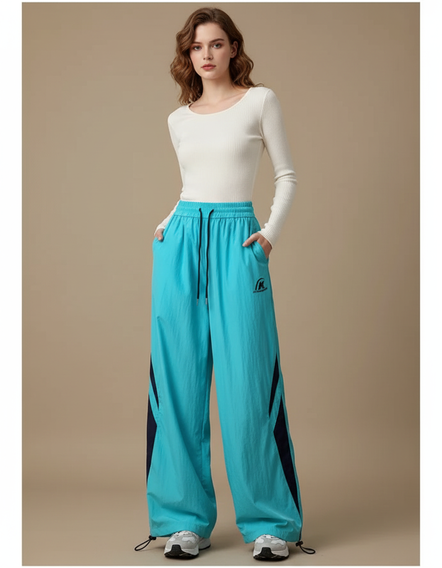 Pantalon Parachute Bleu Ample Décontracté Femme Sport - Polyester
