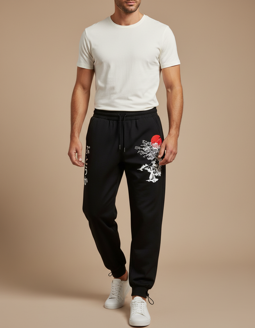Pantalon Parachute Noir Ample Imprimé Streetwear Homme - Molleton