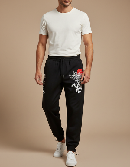 Pantalon Parachute Noir Ample Imprimé Streetwear Homme - Molleton