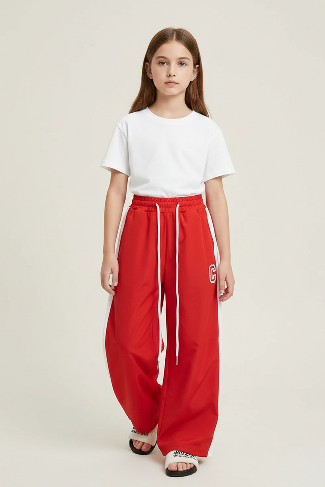 Pantalon Parachute Rouge Ample Fille Sportif Cordon - Polyester