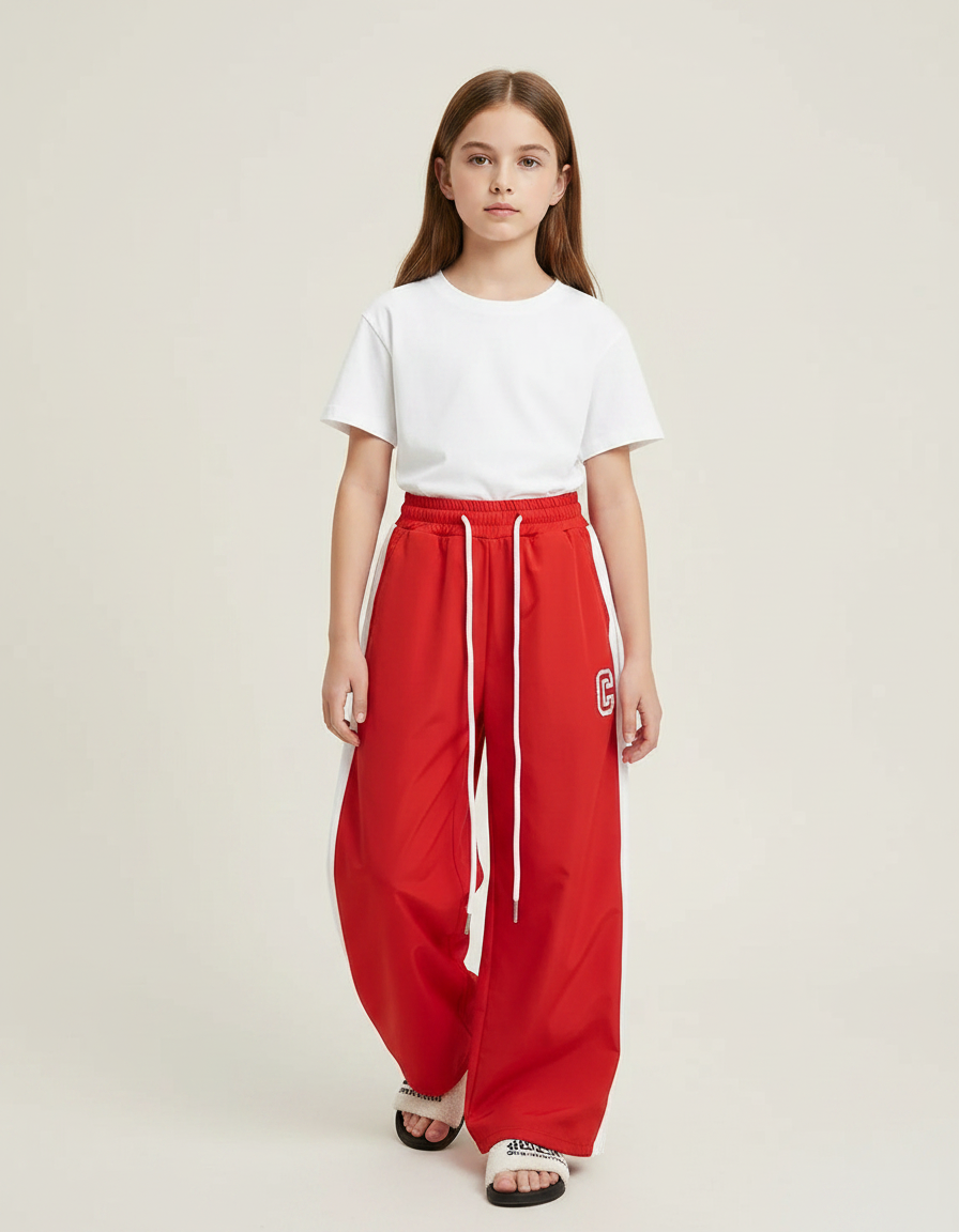 Pantalon Parachute Rouge Ample Fille Sportif Cordon - Polyester