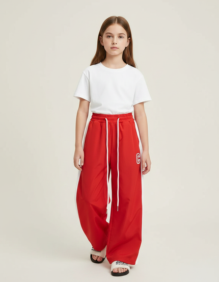 Pantalon Parachute Rouge Ample Fille Sportif Cordon - Polyester