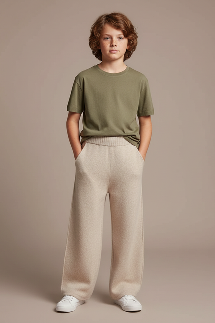 Pantalon Parachute Beige Laine Tricoté Ample Garçon - Maille