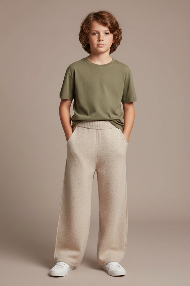 Pantalon Parachute Beige Laine Tricoté Ample Garçon - Maille