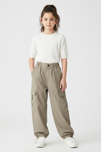 Pantalon Parachute Kaki Cargo Ample Fille Respirant - Polyester