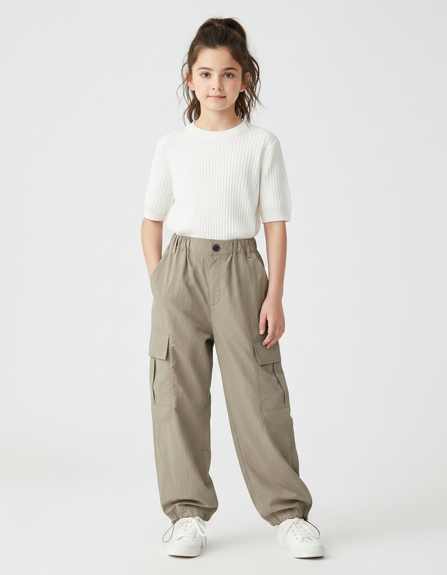 Pantalon Parachute Kaki Cargo Ample Fille Respirant - Polyester