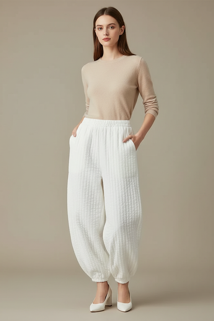 Pantalon Parachute Blanc Matelassé Ample Doux Femme - Molleton