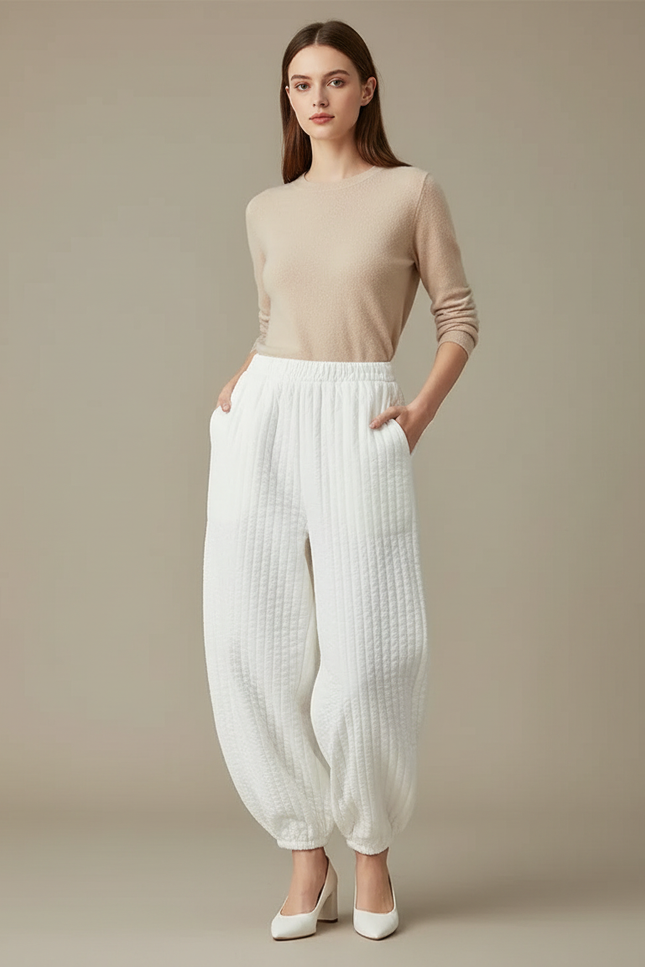 Pantalon Parachute Blanc Matelassé Ample Doux Femme - Molleton
