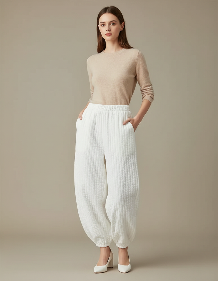 Pantalon Parachute Blanc Matelassé Ample Doux Femme - Molleton