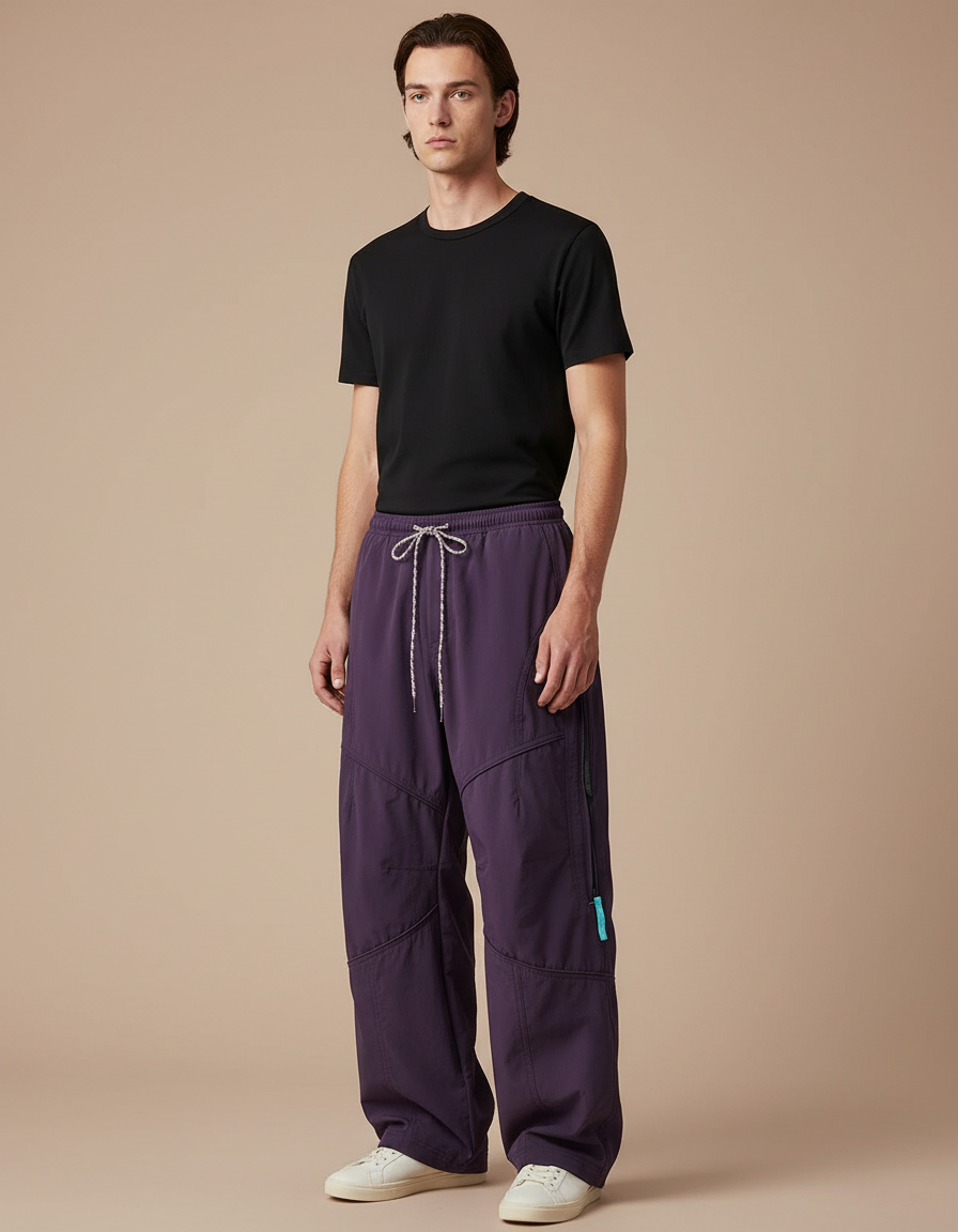 Pantalon Parachute Violet Ample Décontracté Homme Cordon - Polyester