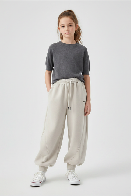 Pantalon Parachute Beige Ample Coton Confortable Fille - Molleton
