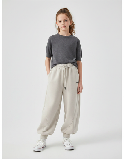 Pantalon Parachute Beige Ample Coton Confortable Fille - Molleton
