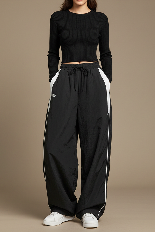 Pantalon Parachute Noir Ample Rayures Blanches Femme - Polyester