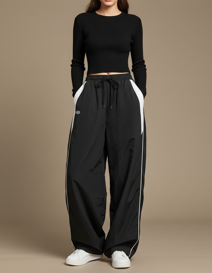 Pantalon Parachute Noir Ample Rayures Blanches Femme - Polyester