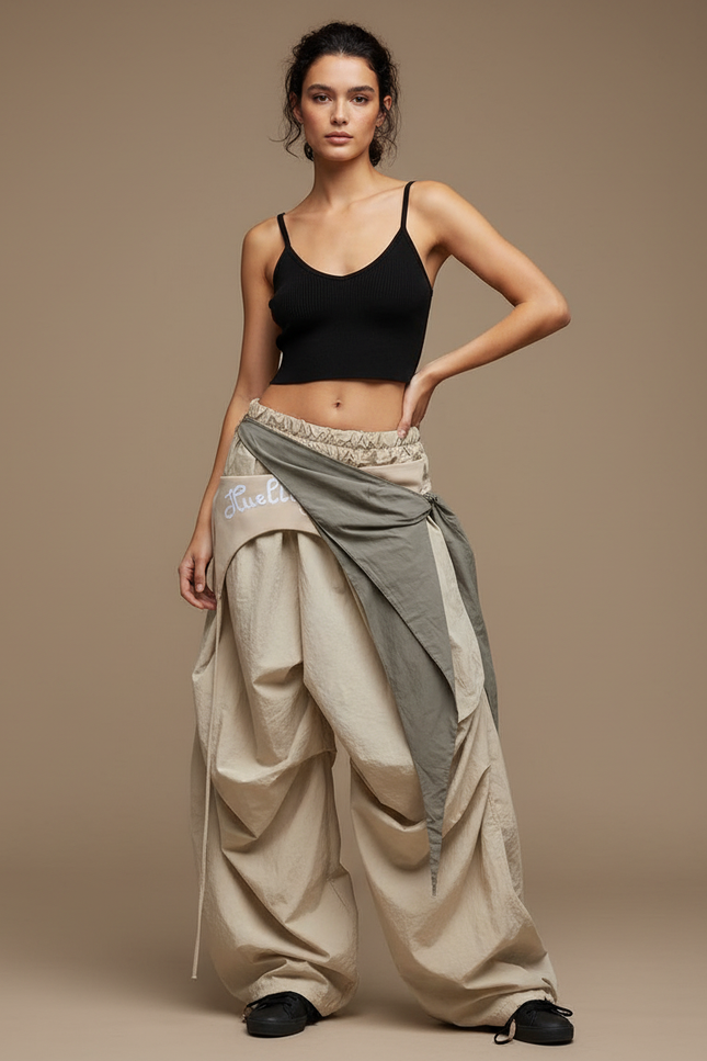 Pantalon Parachute Beige Ample Cargo Cordon Streetwear Femme - Polyester