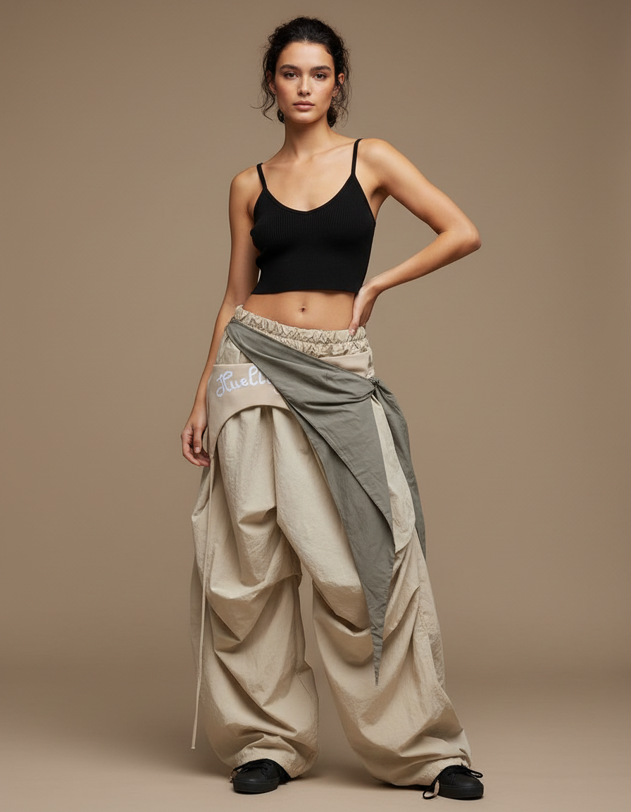 Pantalon Parachute Beige Ample Cargo Cordon Streetwear Femme - Polyester