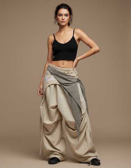 Pantalon Parachute Beige Ample Cargo Cordon Streetwear Femme - Polyester