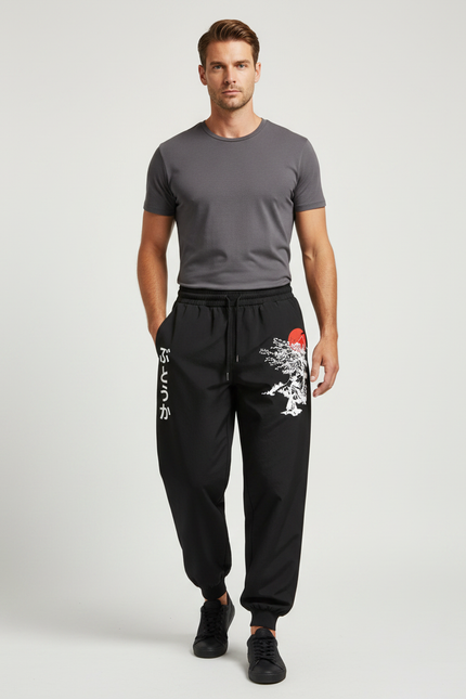 Pantalon Parachute Noir Ample Imprimé Japonais Homme - Polyester