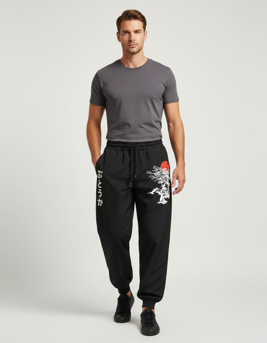 Pantalon Parachute Noir Ample Imprimé Japonais Homme - Polyester