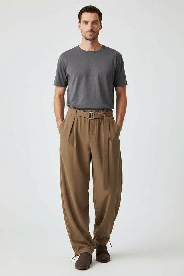 Pantalon Parachute Marron Plissé Ample Homme Élégant - Viscose