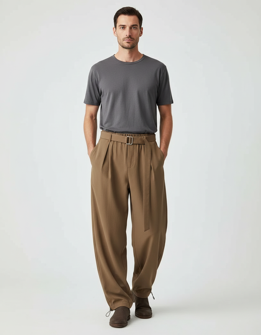 Pantalon Parachute Marron Plissé Ample Homme Élégant - Viscose
