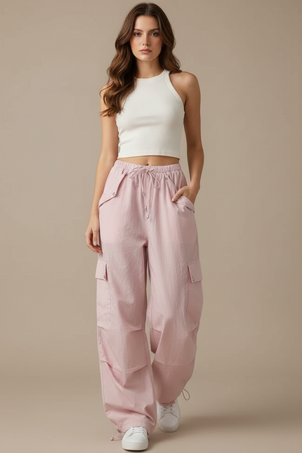Pantalon Parachute Rose Cargo Ample Femme Multipoches - Polyester