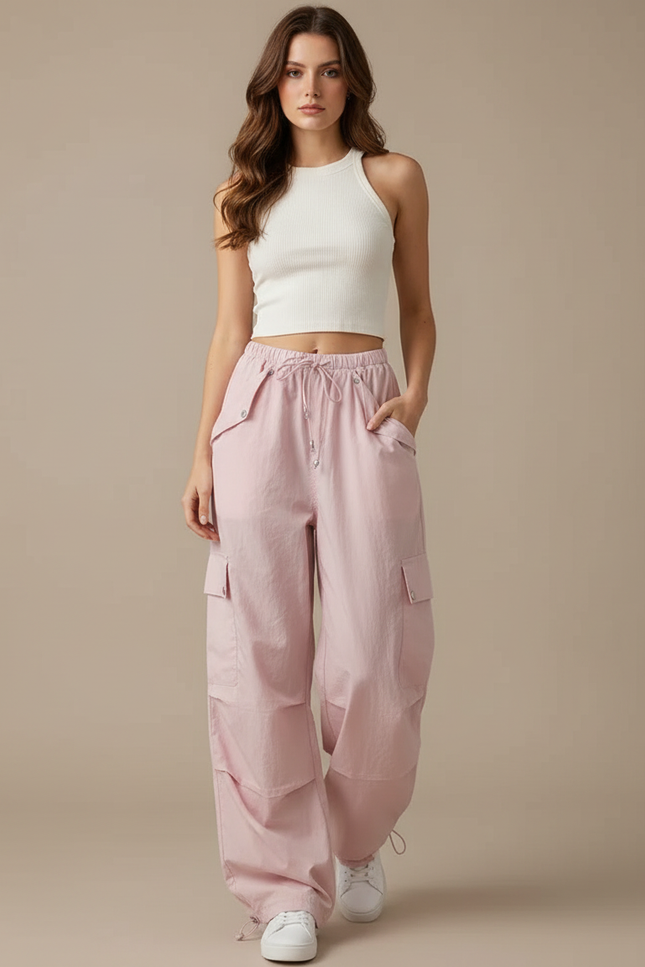 Pantalon Parachute Rose Cargo Ample Femme Multipoches - Polyester