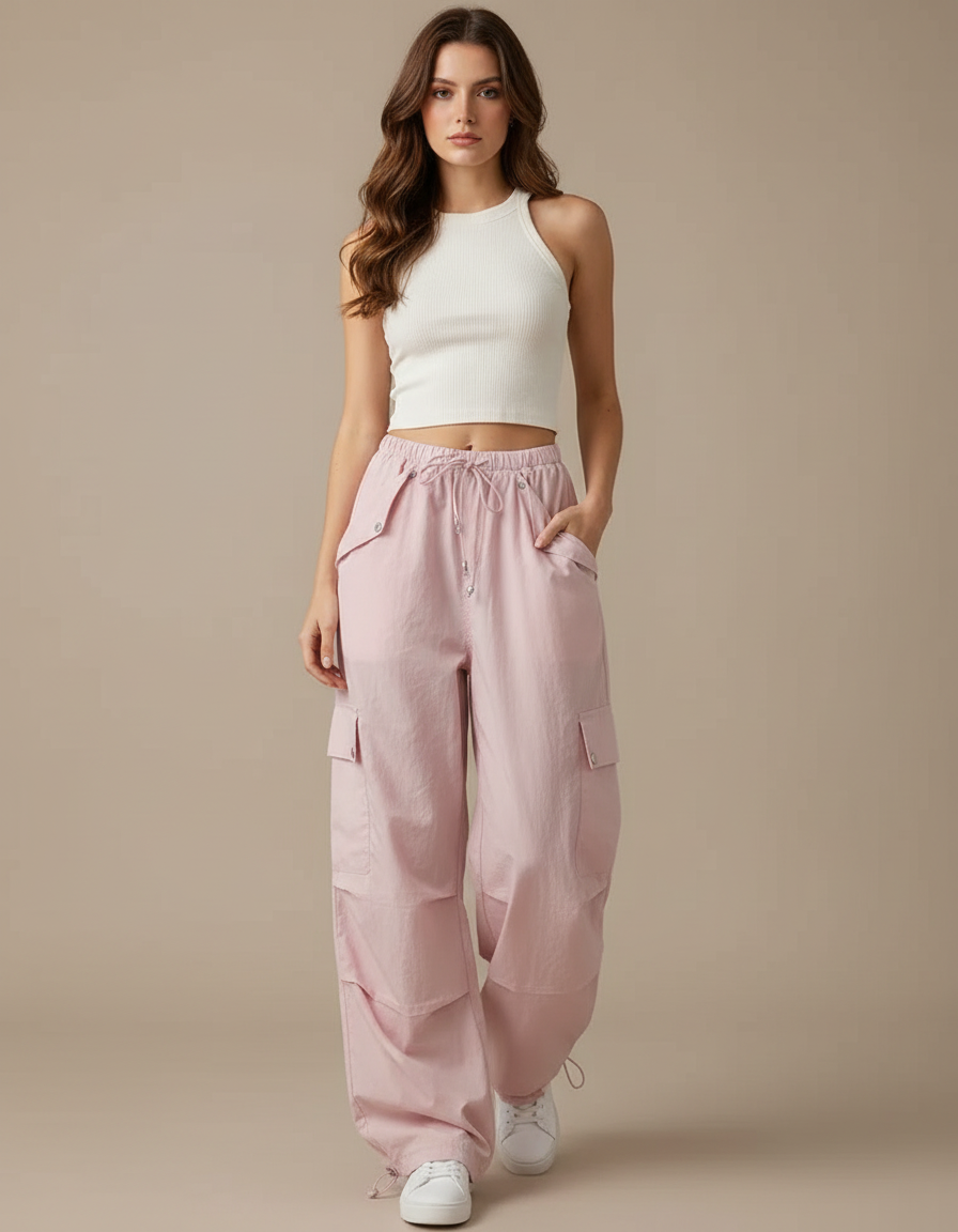 Pantalon Parachute Rose Cargo Ample Femme Multipoches - Polyester