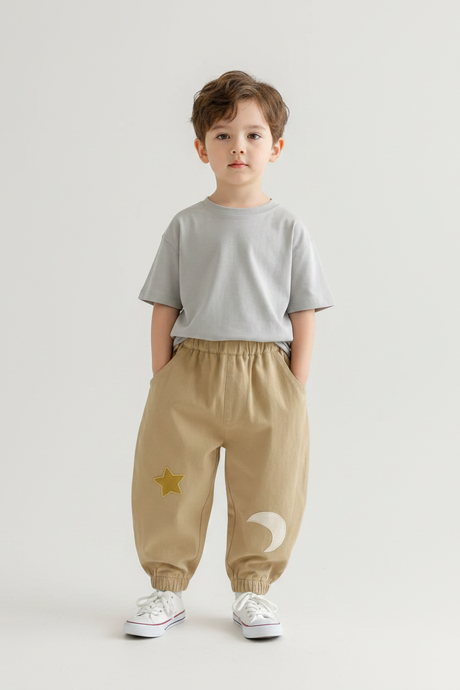 Pantalon Parachute Beige Coton Ample Brodé Étoile Lune Enfant