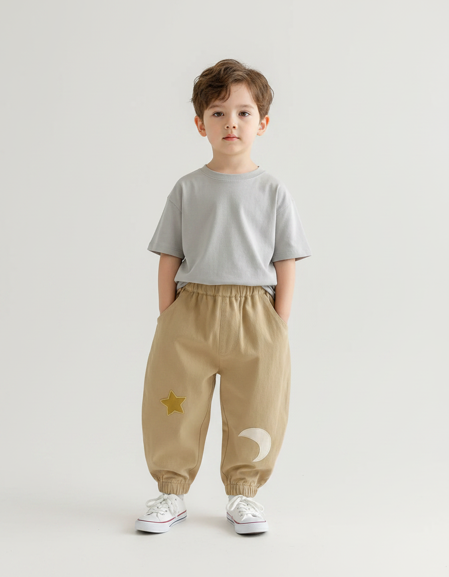 Pantalon Parachute Beige Coton Ample Brodé Étoile Lune Enfant