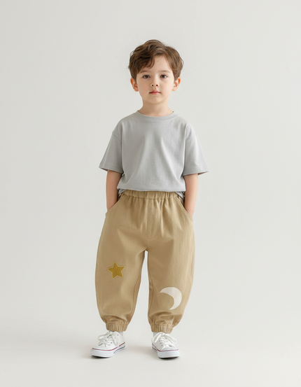 Pantalon Parachute Beige Coton Ample Brodé Étoile Lune Enfant