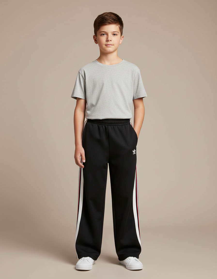 Pantalon Parachute Noir Ample Sportif Garçon Bandes - Polyester
