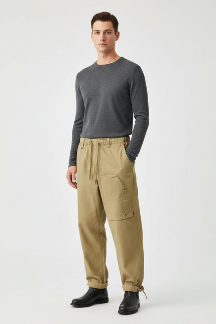 Pantalon Parachute Beige Ample Coton Homme Cargo