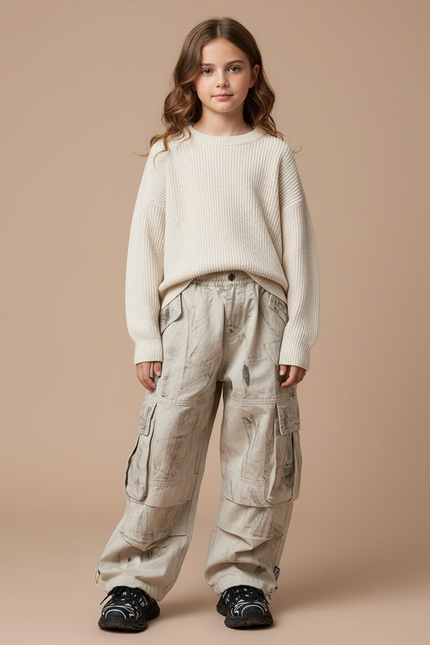 Pantalon Parachute Cargo Ample Beige Enfants Décontracté - Toile