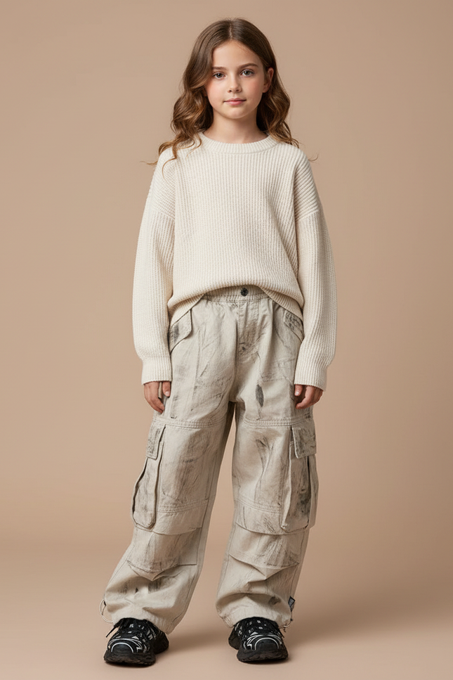Pantalon Parachute Cargo Ample Beige Enfants Décontracté - Toile