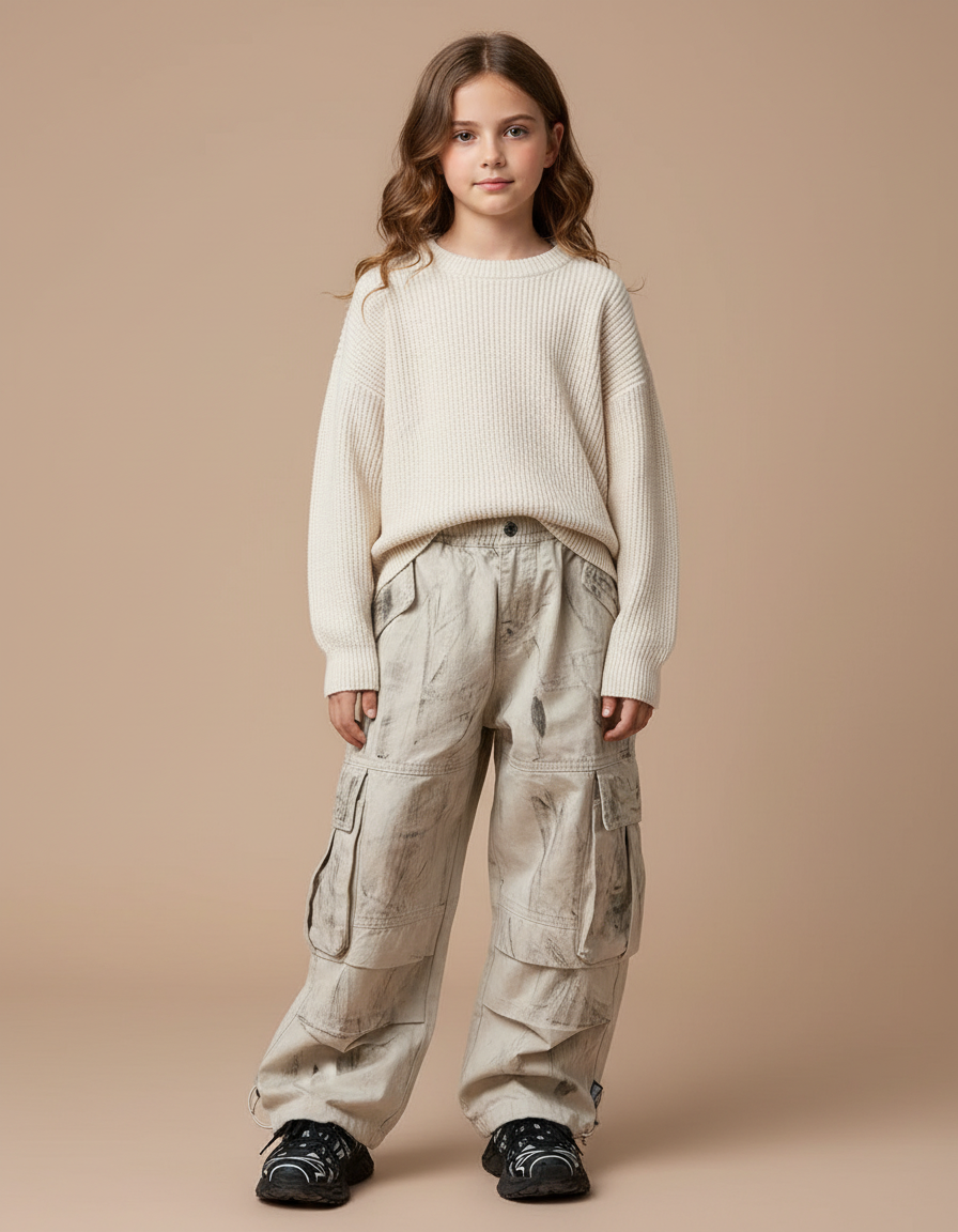 Pantalon Parachute Cargo Ample Beige Enfants Décontracté - Toile