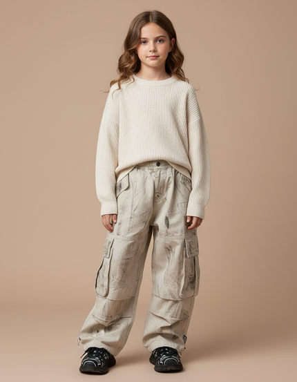 Pantalon Parachute Cargo Ample Beige Enfants Décontracté - Toile