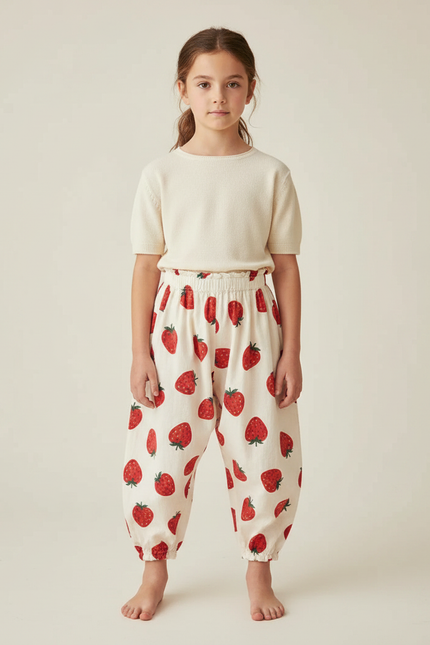 Pantalon Parachute Fraises Coton Ample Enfant Élastiqué - Imprimé