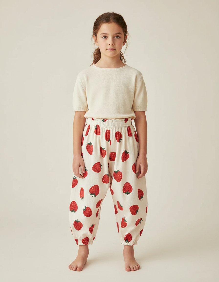 Pantalon Parachute Fraises Coton Ample Enfant Élastiqué - Imprimé
