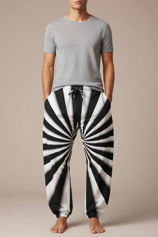 Pantalon Parachute Rayé Noir Blanc Ample Décontracté Homme - Imprimé Polyester