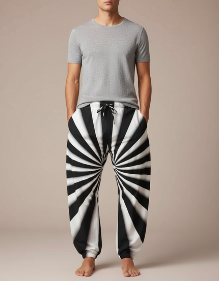 Pantalon Parachute Rayé Noir Blanc Ample Décontracté Homme - Imprimé Polyester
