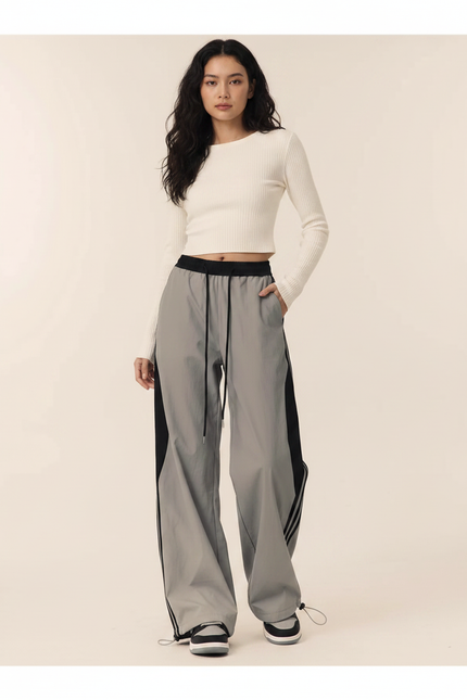 Pantalon Parachute Gris Ample Sport Décontracté Femme - Polyester