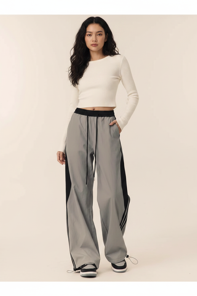 Pantalon Parachute Gris Ample Sport Décontracté Femme - Polyester