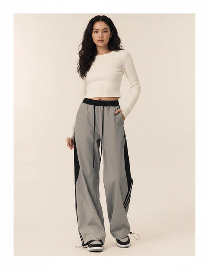 Pantalon Parachute Gris Ample Sport Décontracté Femme - Polyester