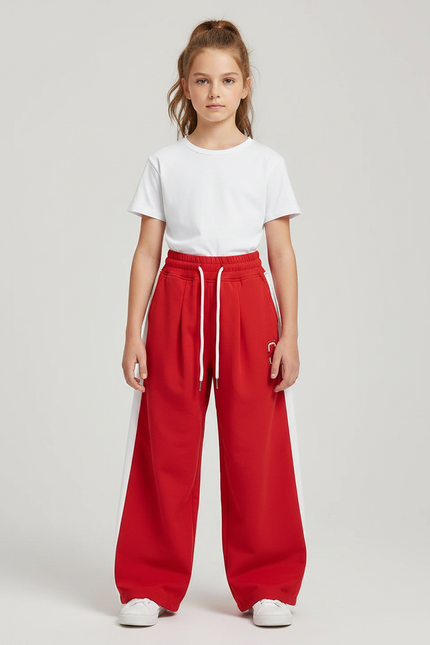 Pantalon Parachute Rouge Ample Coton Fille Sportif - Molleton